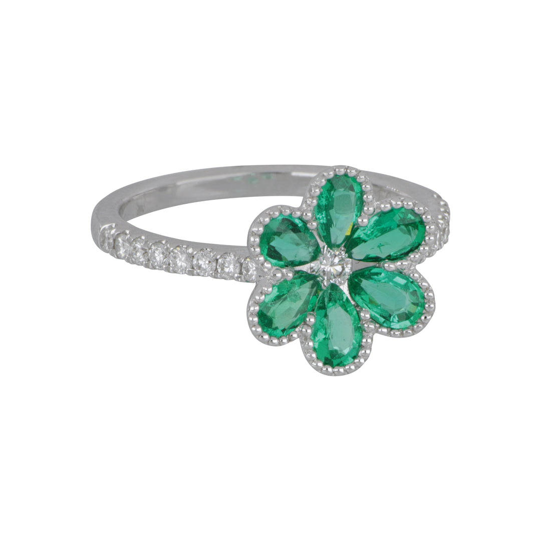 18K White Gold Emerald & Diamond Ring, Emerald 0.83 Ct, Diamond 0.27 Ct, Size 6.5