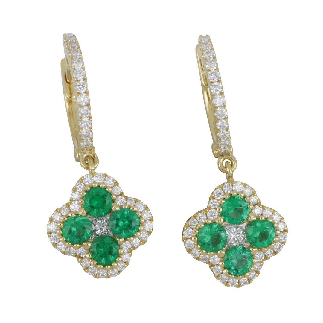 14K Yellow Gold Floral Emerald & Diamond Drop Earrings, Emerald 0.68 Ct, Diamond 0.36 Ct