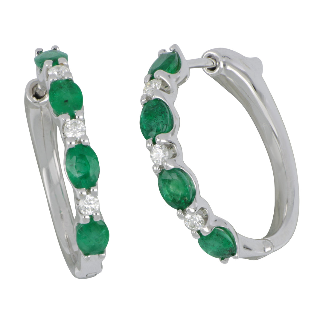 14K White Gold Emerald & Diamond Hoop Earrings, Emerald 1.25 Ct, Diamond 0.18 Ct