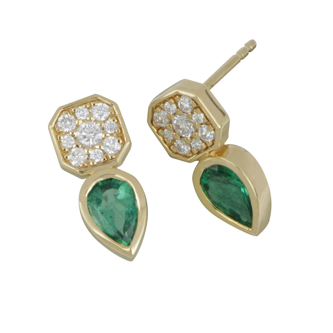 18K Yellow Gold Bezel-Set Emerald & Diamond Framed Stud Earrings, Emerald 0.65 Ct, Diamond 0.19 Ct