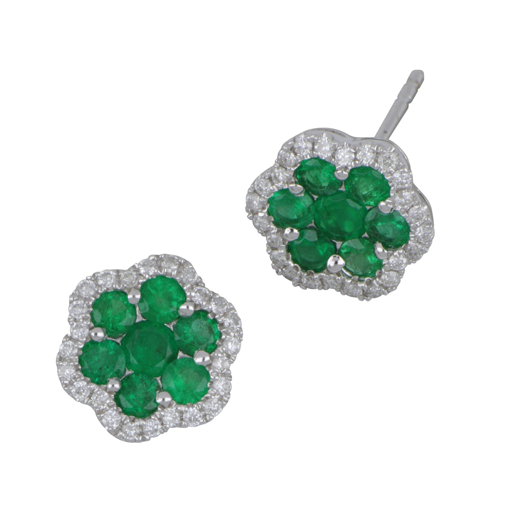 18K White Gold Floral Diamond & Emerald Stud Earrings, Emerald 0.63 Ct, Diamond 0.17 Ct