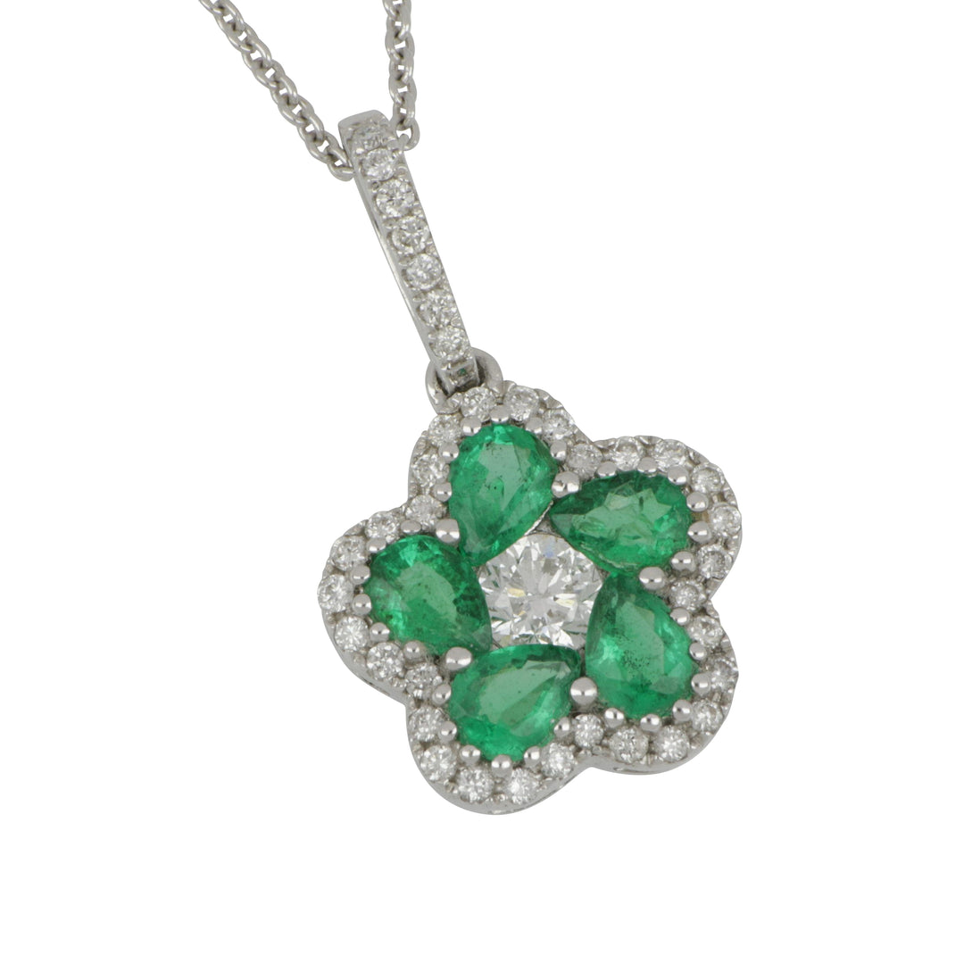 14K Yellow Gold Floral Emerald & Diamond Pendant, Emerald 0.55 Ct, Diamond 0.30 Ct, 18"