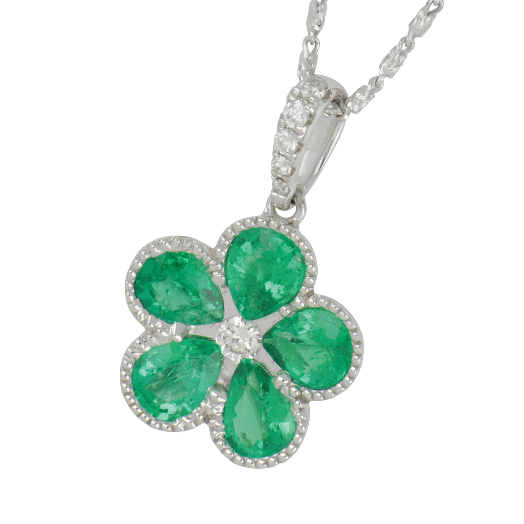 18K White Gold Floral Emerald & Diamond Pendant, Emerald 1.14 Ct, Diamond 0.10 Ct