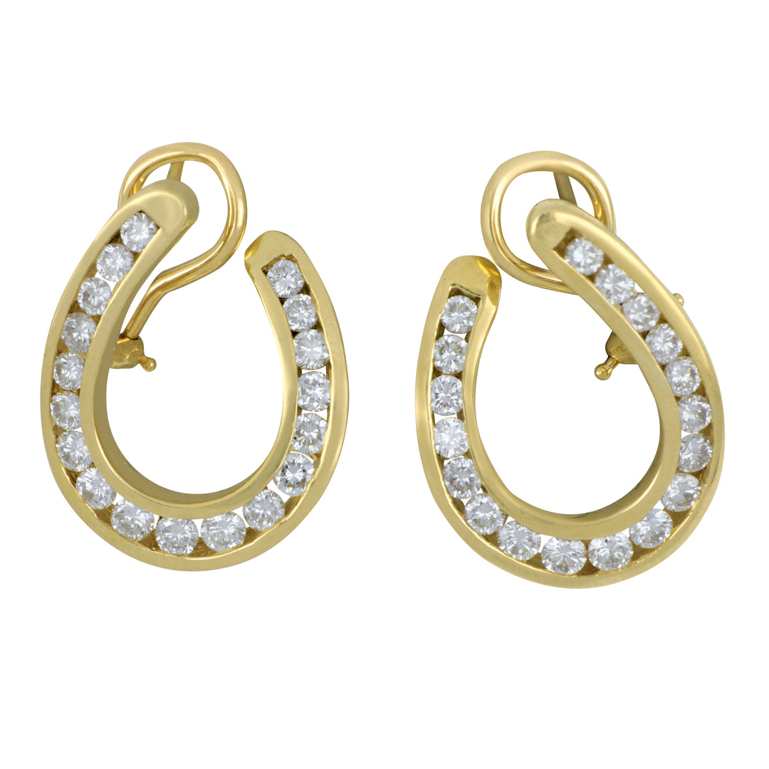 Congress Jewelers Estate 14K Yellow Gold Diamond Oval Omega Back Hoop Earrings, Diamonds 1.40 Ct H-I/SI