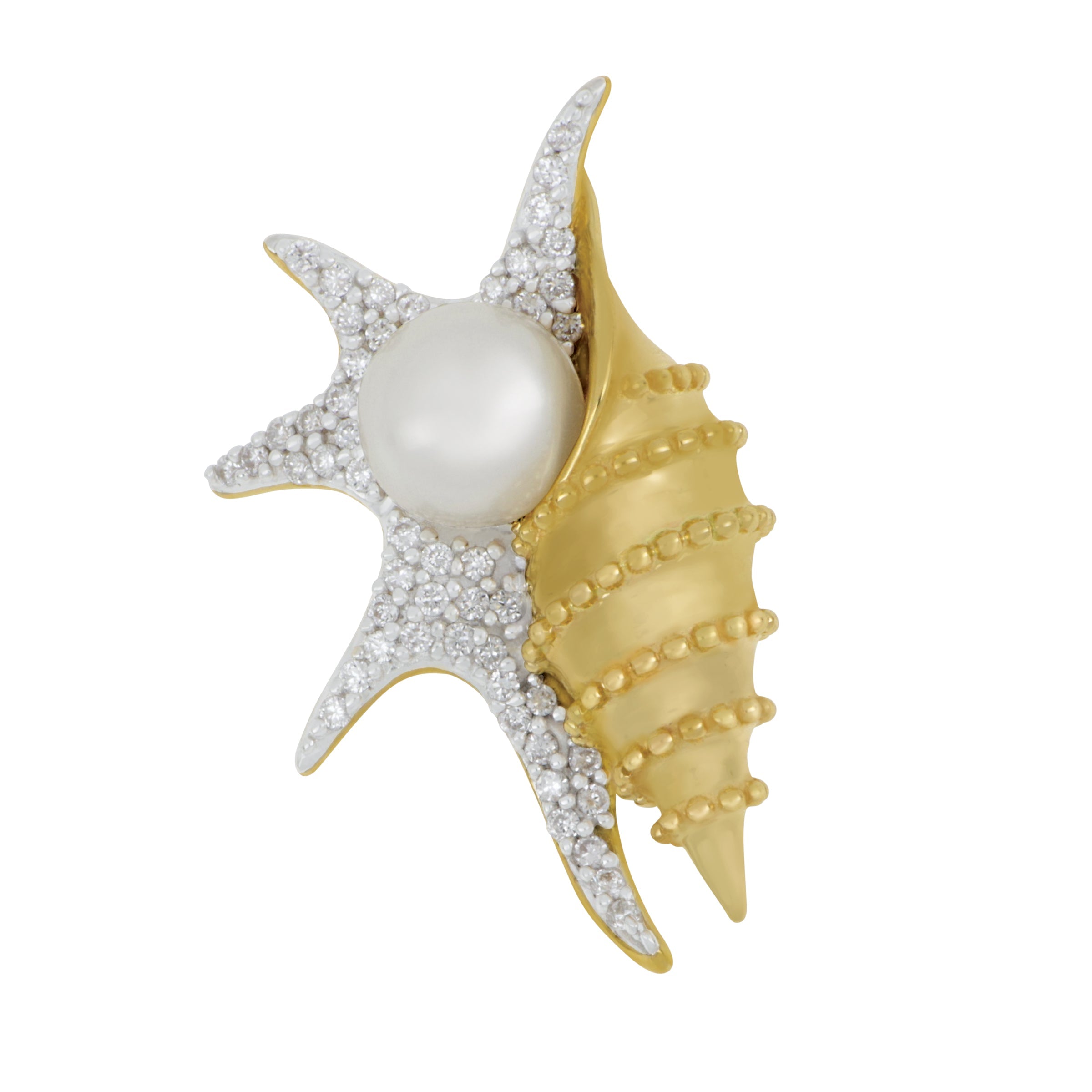 14k Yellow Gold Shell Pendant with Freshwater Pearl & Diamonds, D=.16t ...