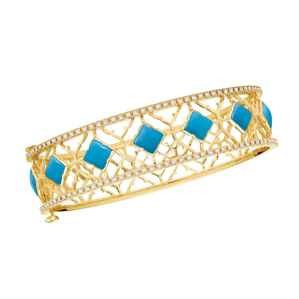 14K yellow gold bracelet inlaid with Sleeping Beauty Turquoise surrounded by .91 tcw of diamonds.