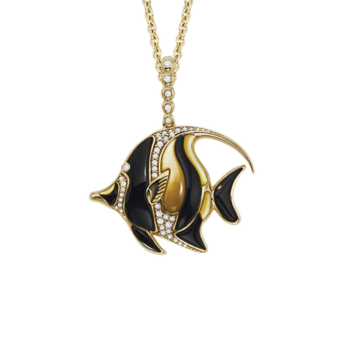 14k Yellow Gold angel fish pendant inlaid with onyx and yellow mother of pearl enhanced with .37 tcw of diamonds on an 18-inch chain