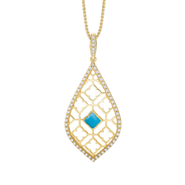 14k Yellow Gold Teardrop Shape Pendant inlaid with Sleeping Beauty Turquoise and .57 tcw Pave' Diamonds on an 18-inch chain