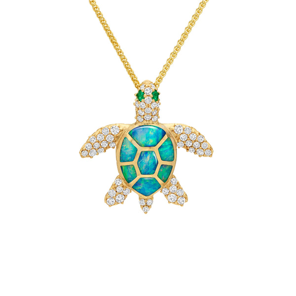 14k Yellow Gold and Australian Crystal Opal inlay and  Pave' Diamond Turtle necklace .41tcw of diamonds on an 18-inch chain