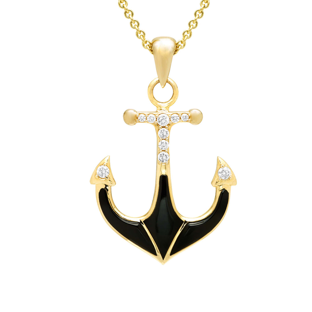 14k Yellow Gold Anchor pendant inlaid with Black Onyx and .43 tcw of diamonds on an 18-inch chain