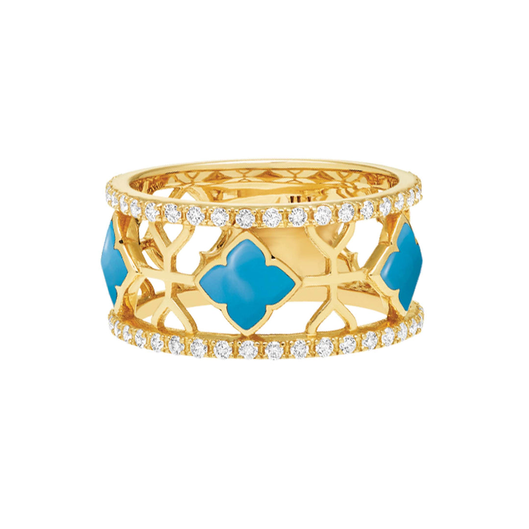 14k Yellow Gold ring inlaid with Sleeping Beauty Turquoise and .48 tcw of Pave' Diamonds