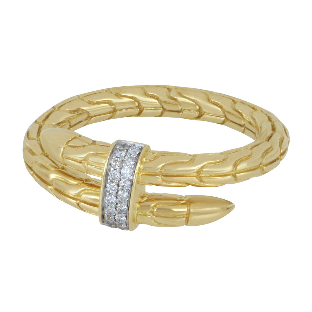 John Hardy 14K Yellow Gold Spear Single Wrap Ring with Pave Diamonds 0.08 Ct, Size 7