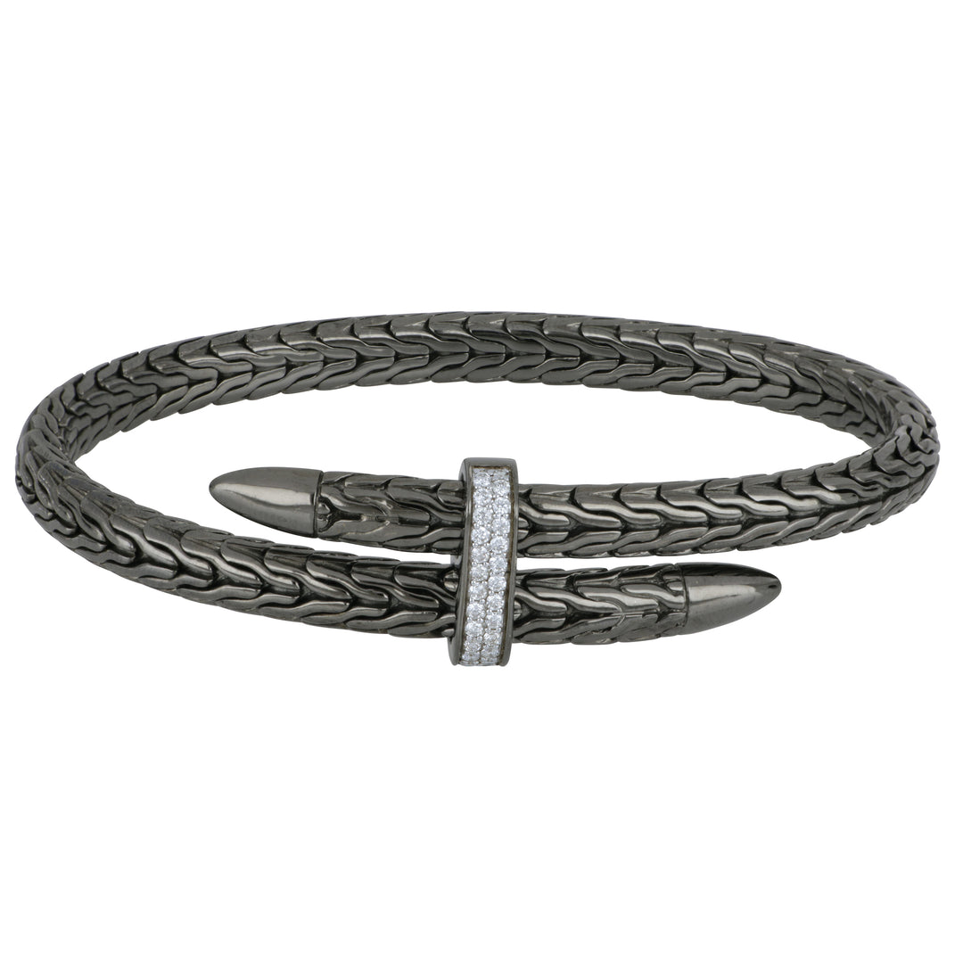 John Hardy Sterling Silver Spear Bypass Flex Cuff with Black Rhodium Pave Diamonds 0.24 Ct, Size M