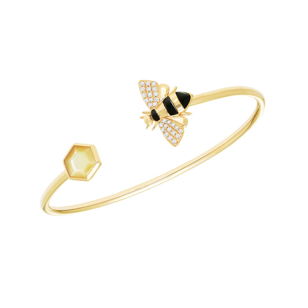 Kabana 14K Yellow Gold Bumble Bee Cuff Bracelet with Onyx & Mother of Pearl - 0.18 CTW Diamonds
