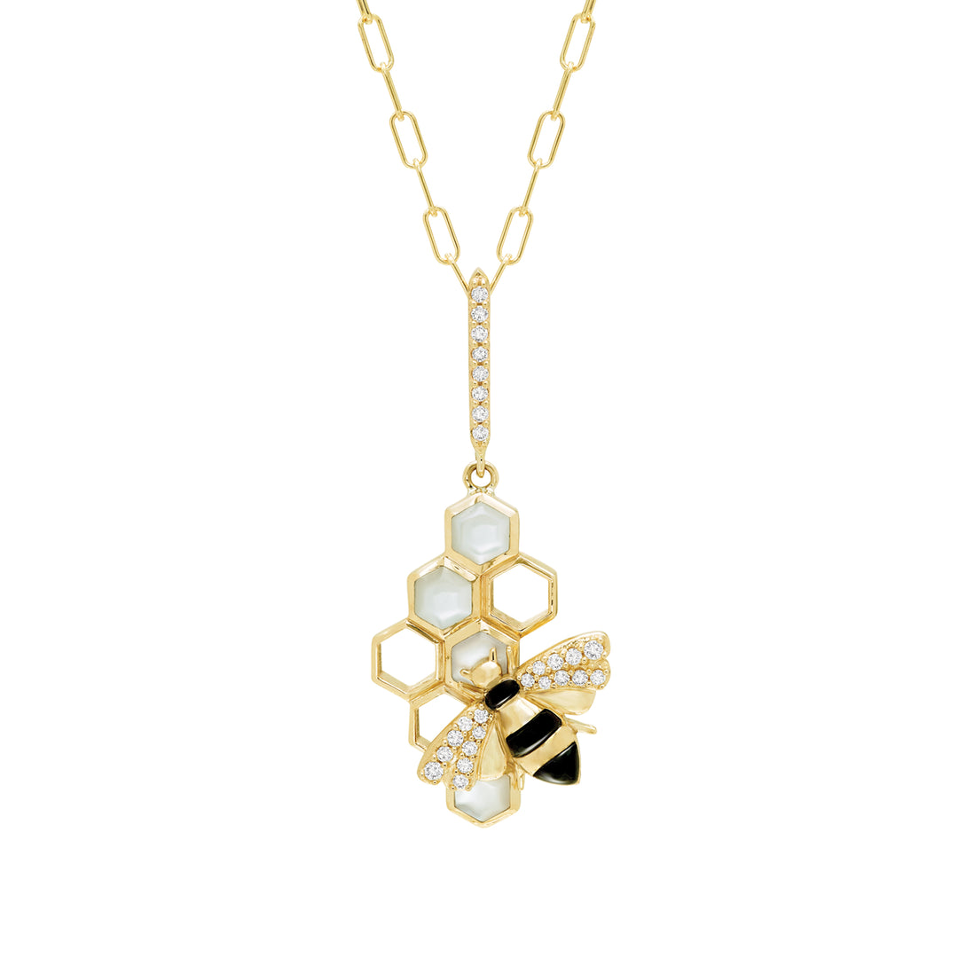 Kabana 14K Yellow Gold Onyx & Mother of Pearl Diamond Bee Pendant