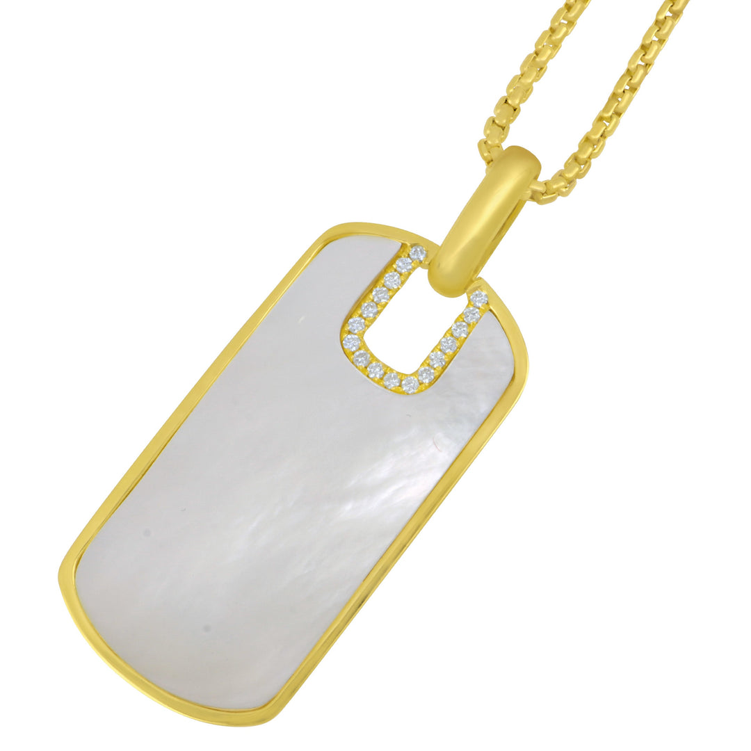 14k Yellow Gold Mother of Pearl Tag-Style Pendandt & 18" Chain (PD PAVE D=0.13TW GH/SI1)