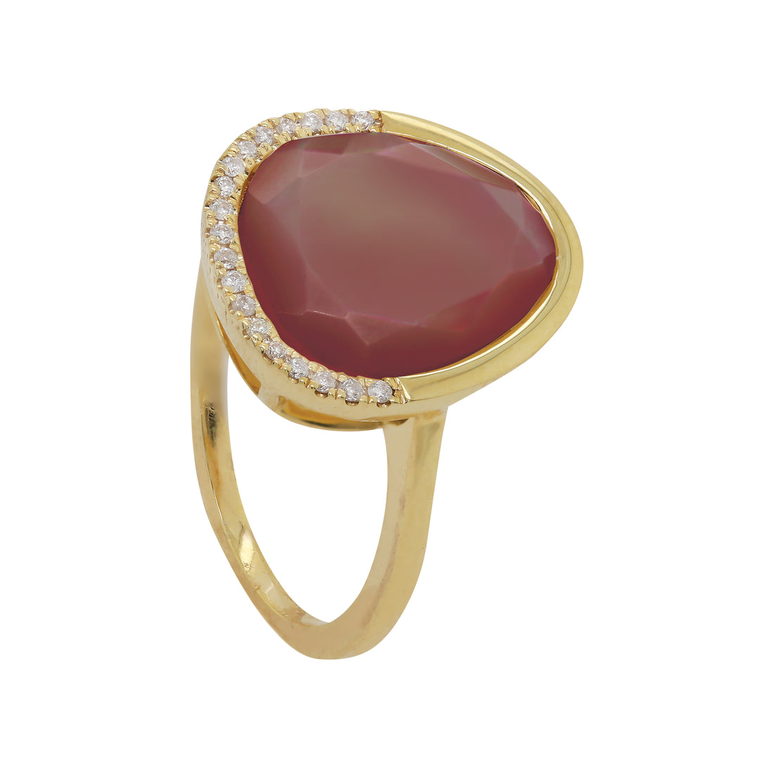 14K Yellow Gold Freeform Pink Shell Ring, Diamonds 0.07 Ct, Size 6.5