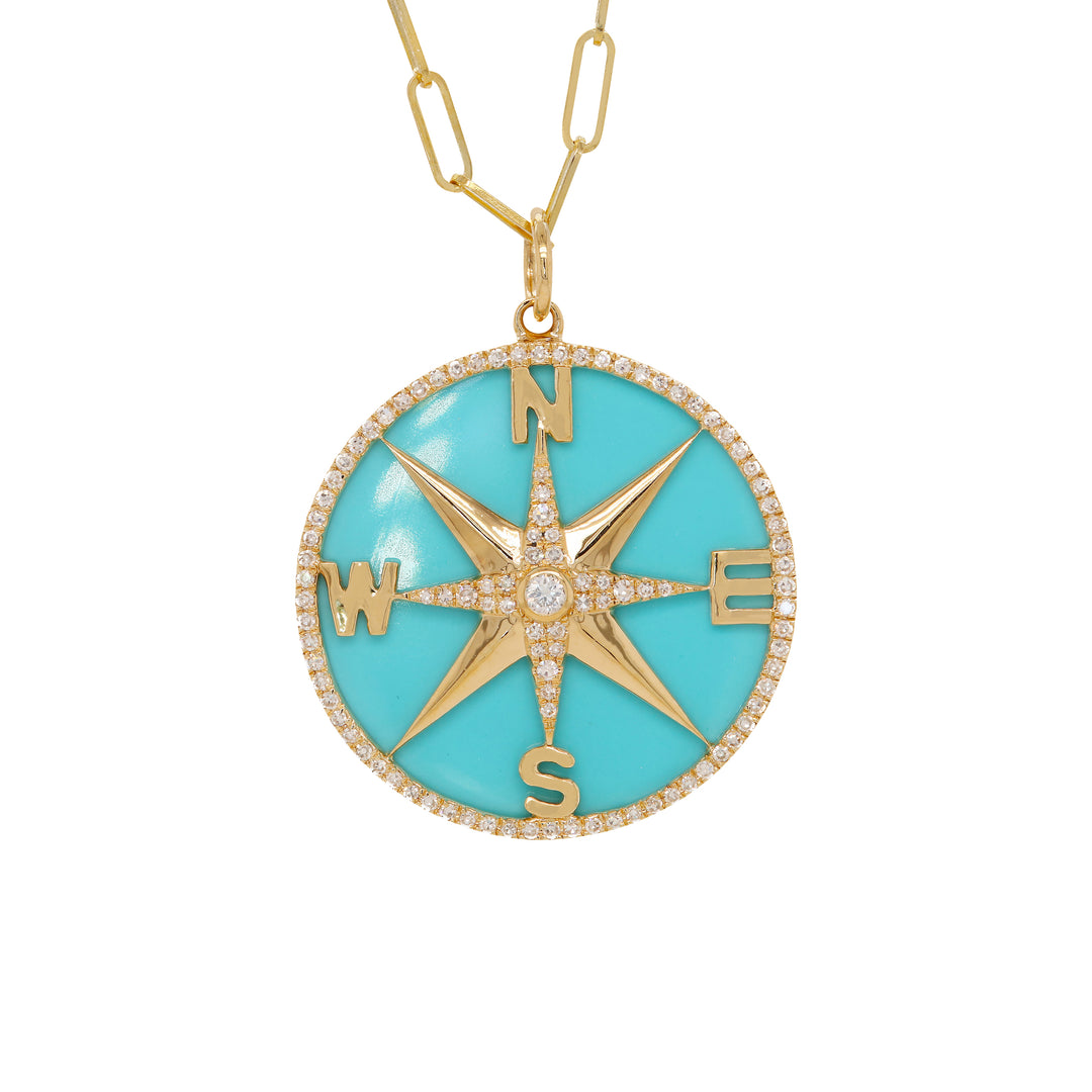 14K Yellow Gold Turquoise Compass Pendant, Diamonds 0.35 Ct, GH/SI1, 18" Chain