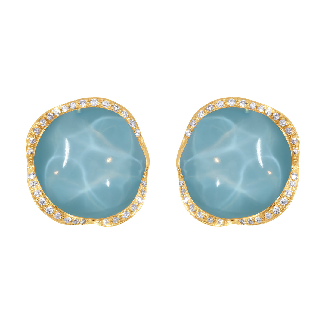 14K Yellow Gold White Topaz & Turquoise French Clip Earrings, 22.96 Ct Topaz, Diamonds 0.34 Ct