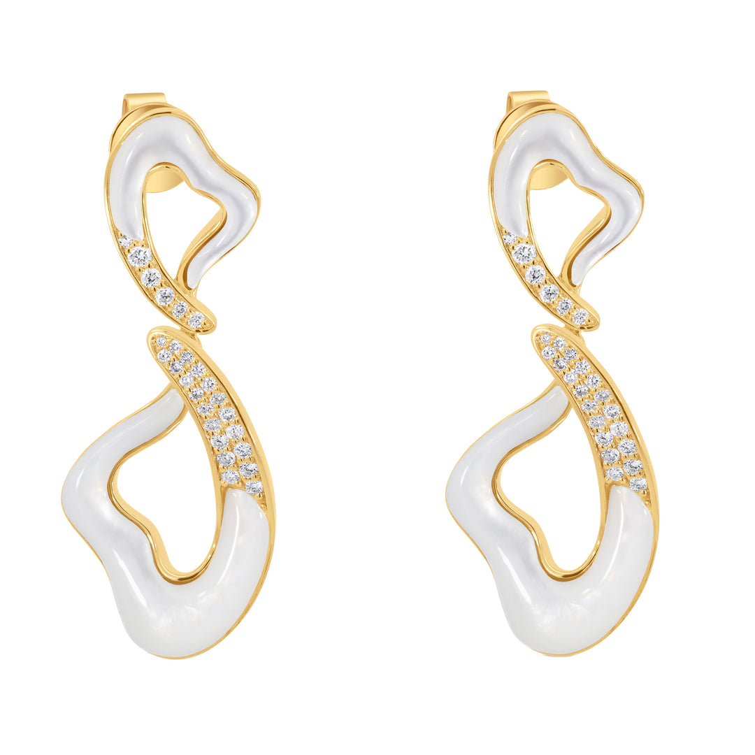 14K Yellow Gold Freeform Heart Earrings with Mother-of-Pearl & Diamonds 0.29 Ct