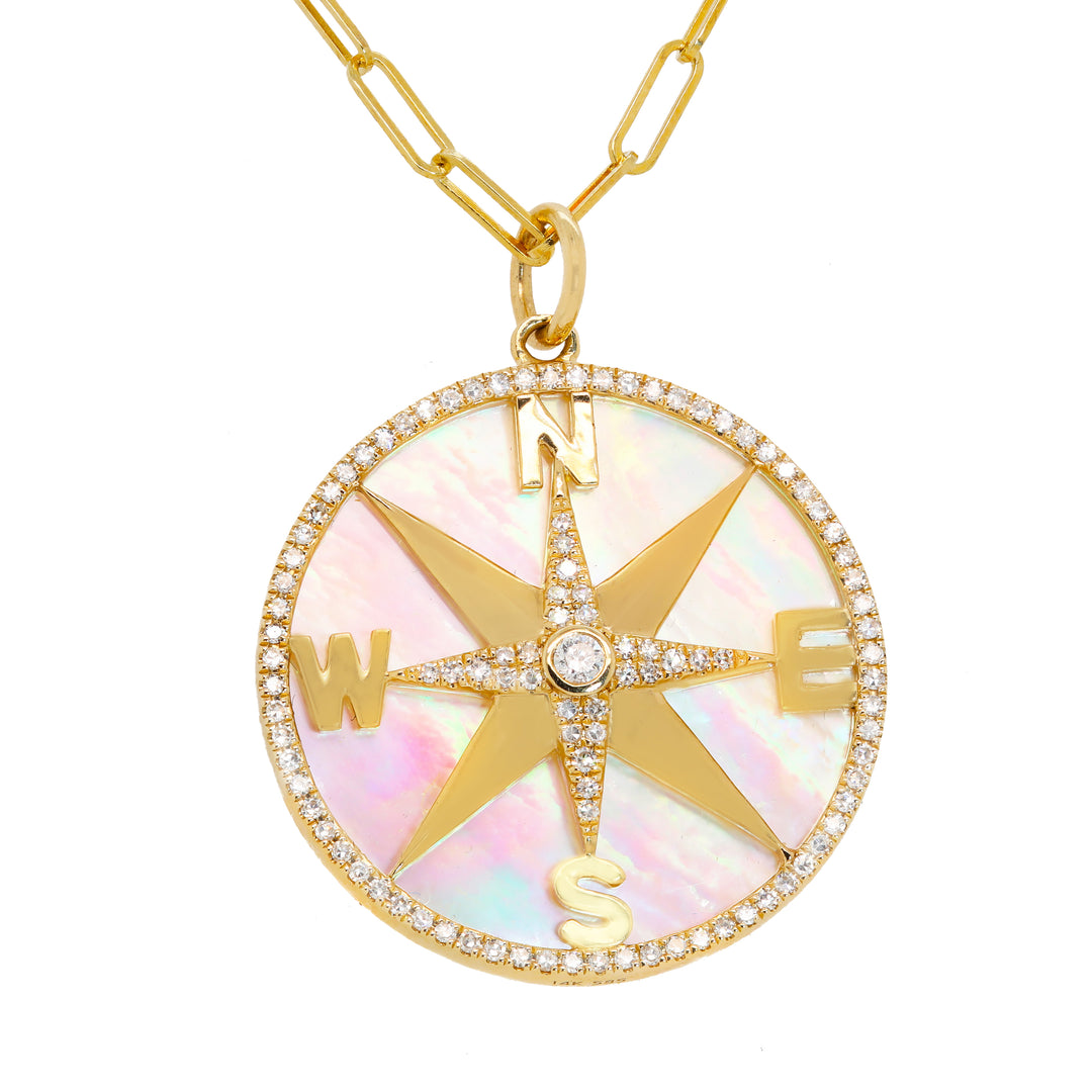 14K Yellow Gold Large Mother-of-Pearl Compass Necklace, Diamonds 0.35 Ct, GH/SI1, 18"