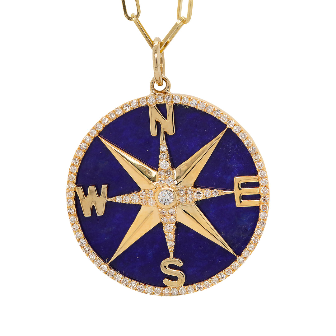 14K Yellow Gold Large Lapis Compass Necklace, Diamonds 0.35 Ct, GH/SI1, 18"