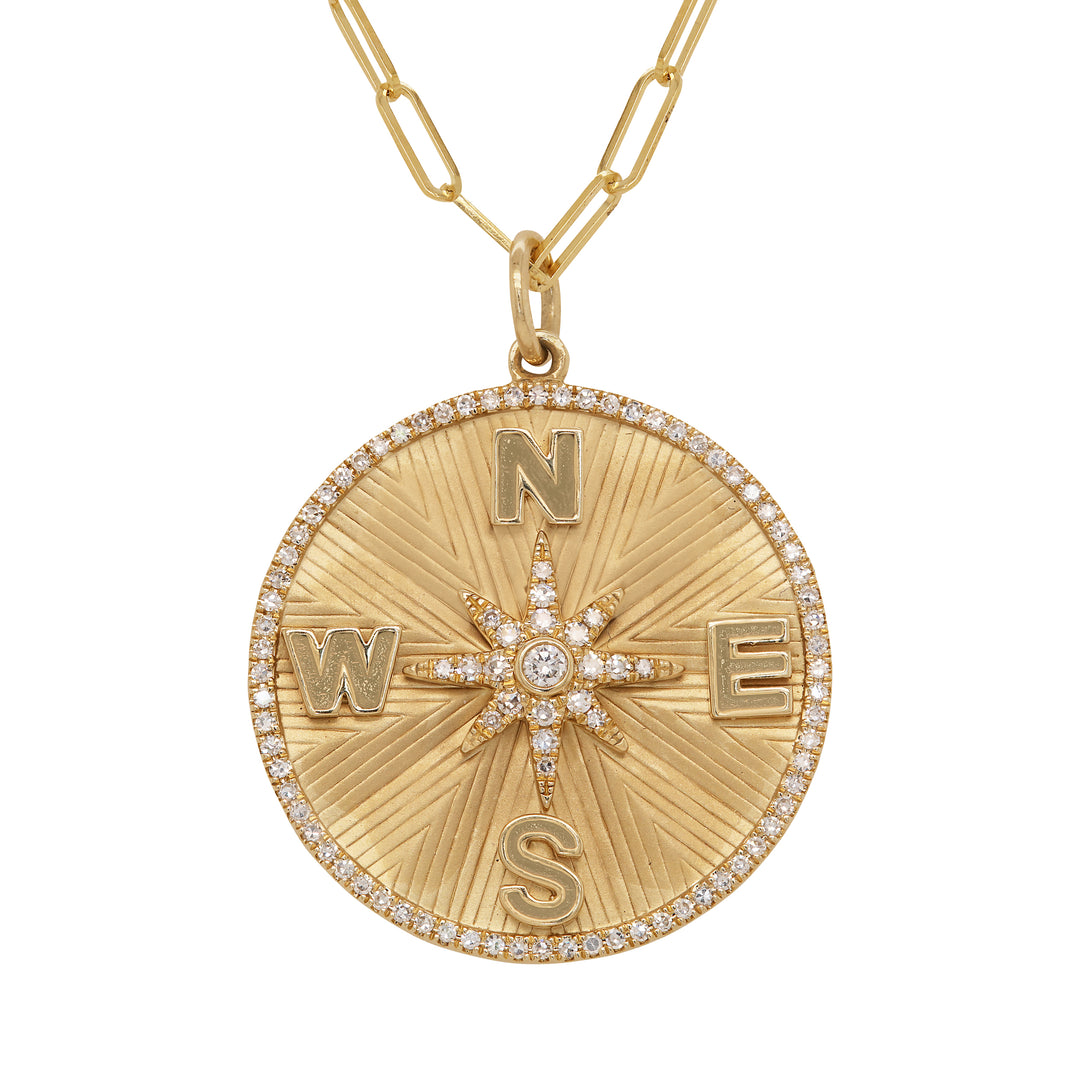 14K Yellow Gold Compass Pendant With Diamonds 0.32 Ct, GH/SI1, 18" Chain