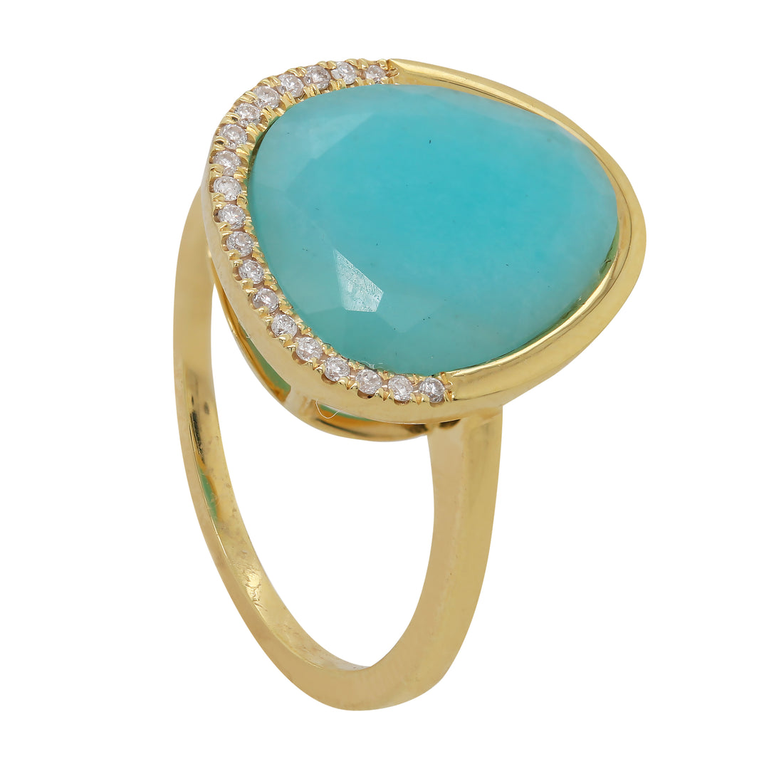 14K Yellow Gold Freeform Turquoise Ring, Diamonds 0.08 Ct, Size 6.5