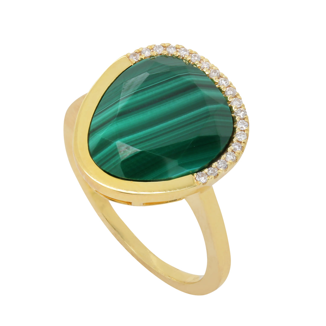 14K Yellow Gold Freeform Malachite Ring, Diamonds 0.07 Ct, Size 6.5
