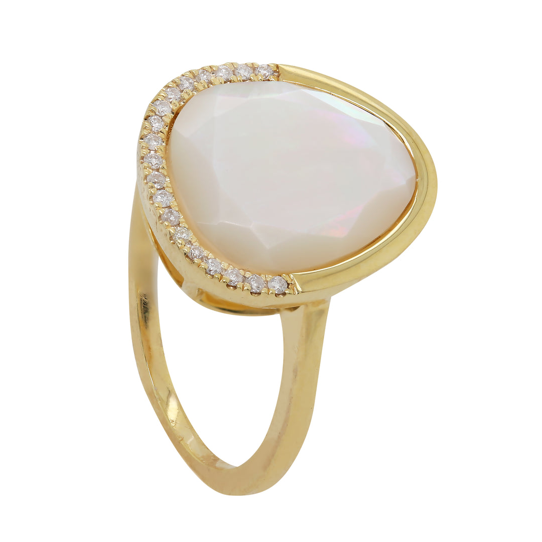 14K Yellow Gold Freeform Mother-of-Pearl Ring, Diamonds 0.07 Ct, Size 6.5