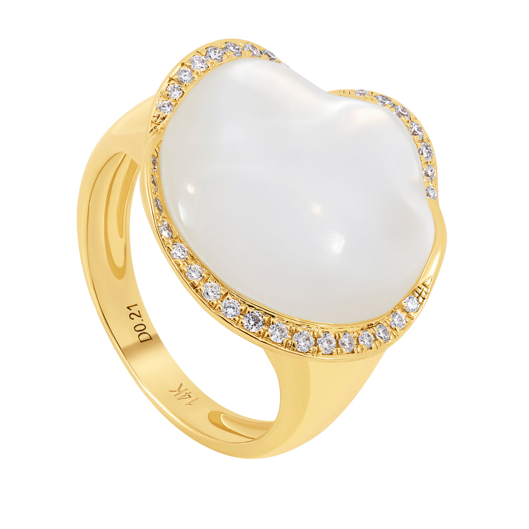 14K Yellow Gold White Topaz & Mother-of-Pearl Ring, 10.60 Ct Topaz, Diamonds 0.21 Ct, Size 6.5