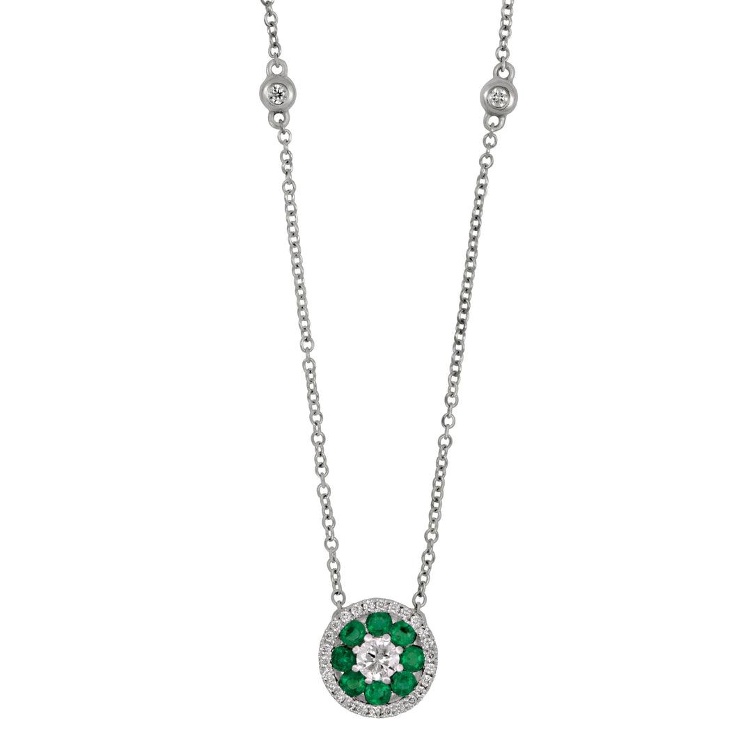 14k White Gold 16-17" Emerald and Diamond Circle Necklace, Em=.26tw, Dias=.27tw GH/SI