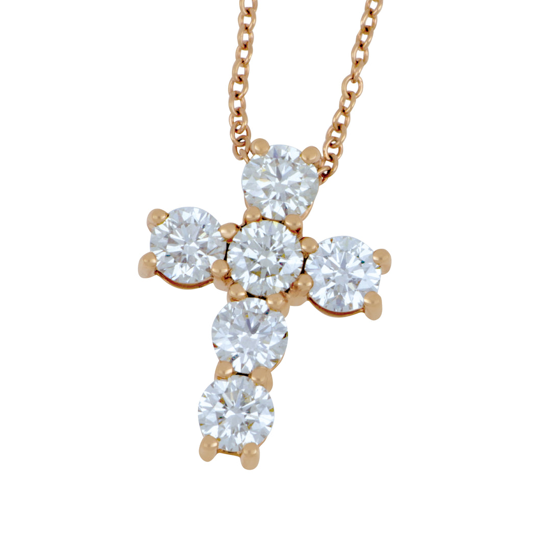Norman Silverman 18K Rose Gold Diamond Cross Necklace, 6 Round Diamonds Total 1.02 Ct