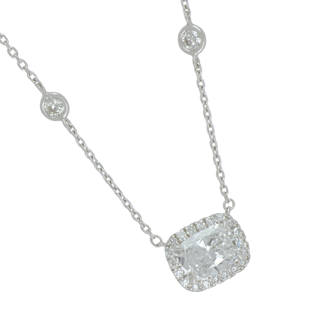 Norman Silverman 18K White Gold Cushion Diamond Pendant Necklace, Cushion Diamond 1.52 Ct D-SI2, 20 Accent Diamonds 0.17 Ct, 10 Diamonds 0.40 Ct, 17-18