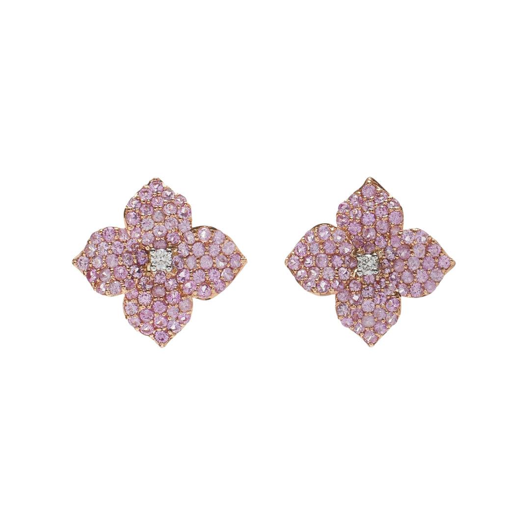 Piranesi 18K Rose Gold Pavé Pink Sapphire & Diamond Flower Earrings – Sapphires 1.84 Ct, Diamonds 0.07 Ct