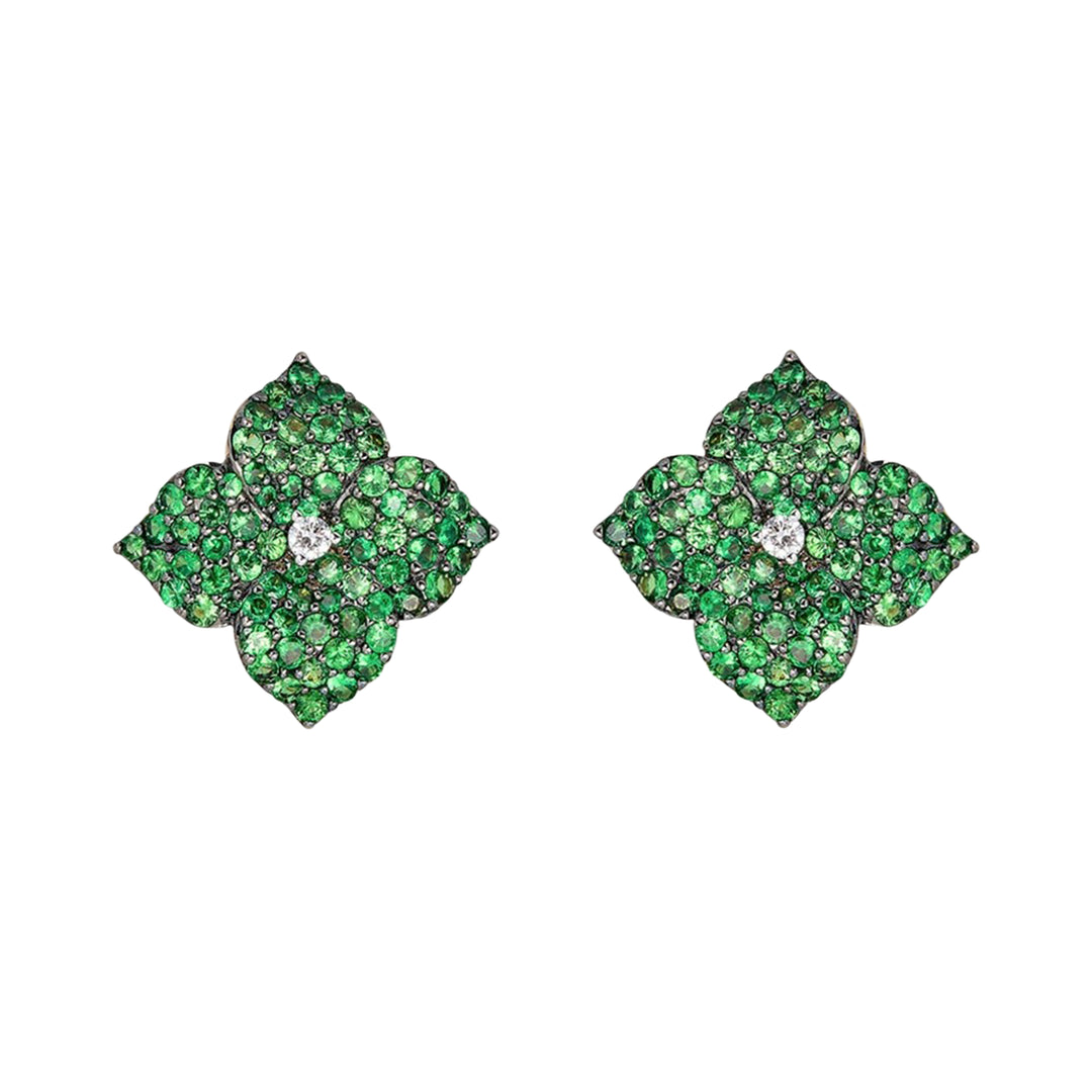 Piranesi 18K White & Yellow Gold Pavé Flower Tsavorite & Diamond Post Earrings, Tsavorite 1.89 Ct, Diamond 0.07 Ct