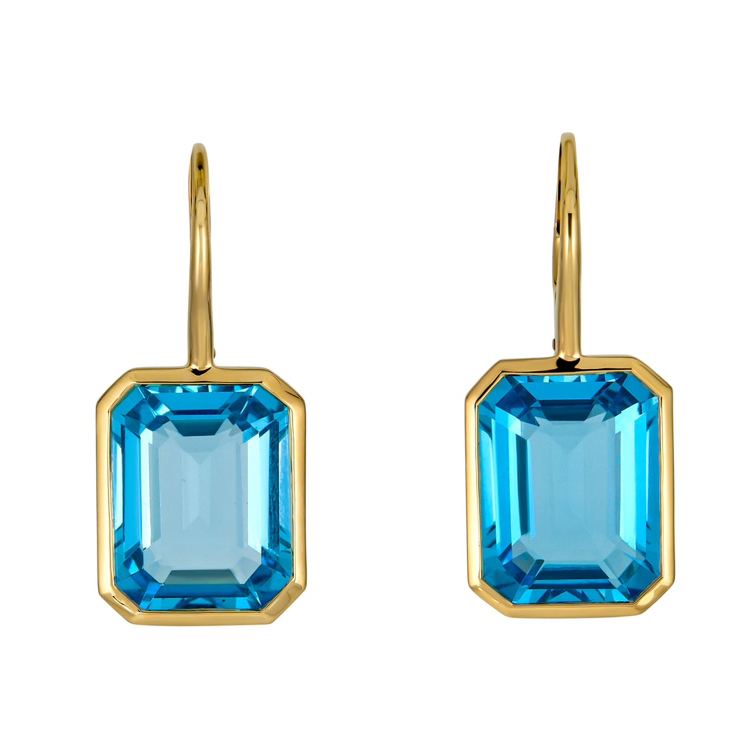 Piranesi 18K Yellow Gold Emerald-Cut Blue Topaz Drop Leverback Earrings, Blue Topaz 18.36 Ct