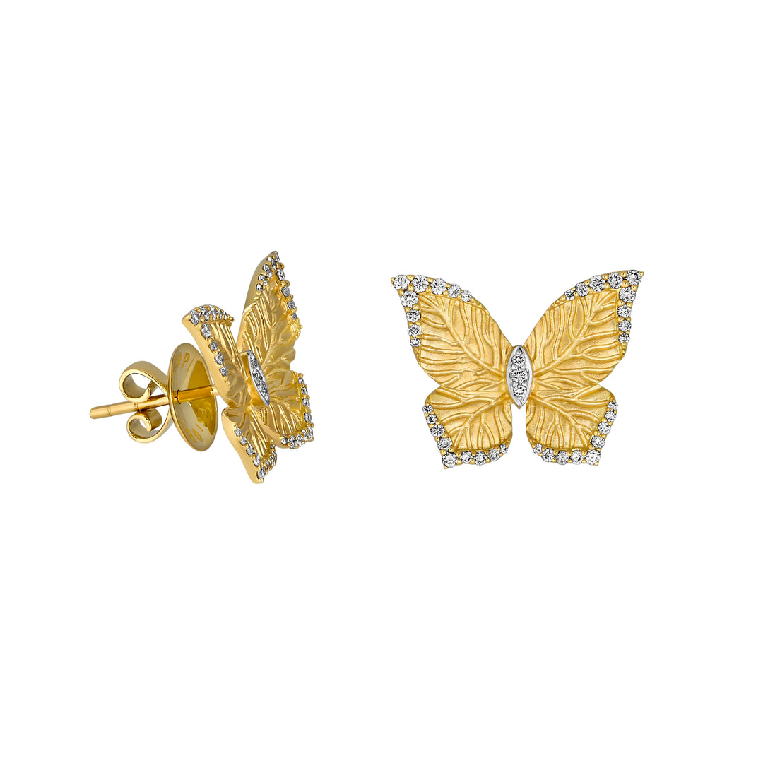Piranesi 18K Yellow Gold Satin Butterfly Diamond Post Earrings, Diamond 0.32 Ct