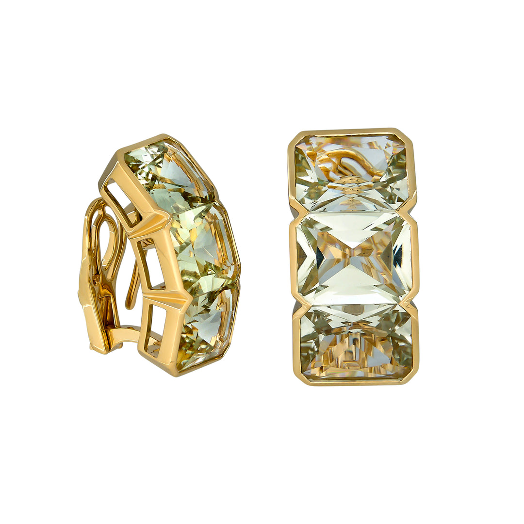 Piranesi 18K Yellow Gold Octagon Green Amethyst Omega Back Earrings, Amethyst 10.90 Ct