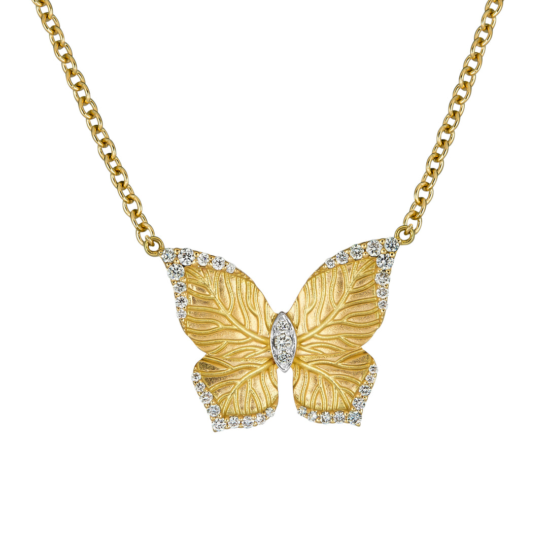 Piranesi 18K Yellow Gold Satin Butterfly Diamond Necklace, Diamond 0.17 Ct, 16-17"