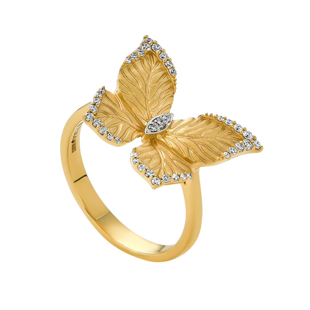 Piranesi 18K Yellow Gold Satin Butterfly Diamond Ring, Diamond 0.16 Ct, Size 6.5