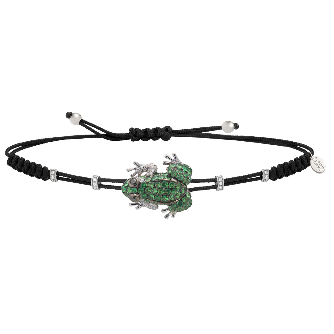 Pippo Perez Cord Bracelet with Frog in Diamonds & Green Garnets