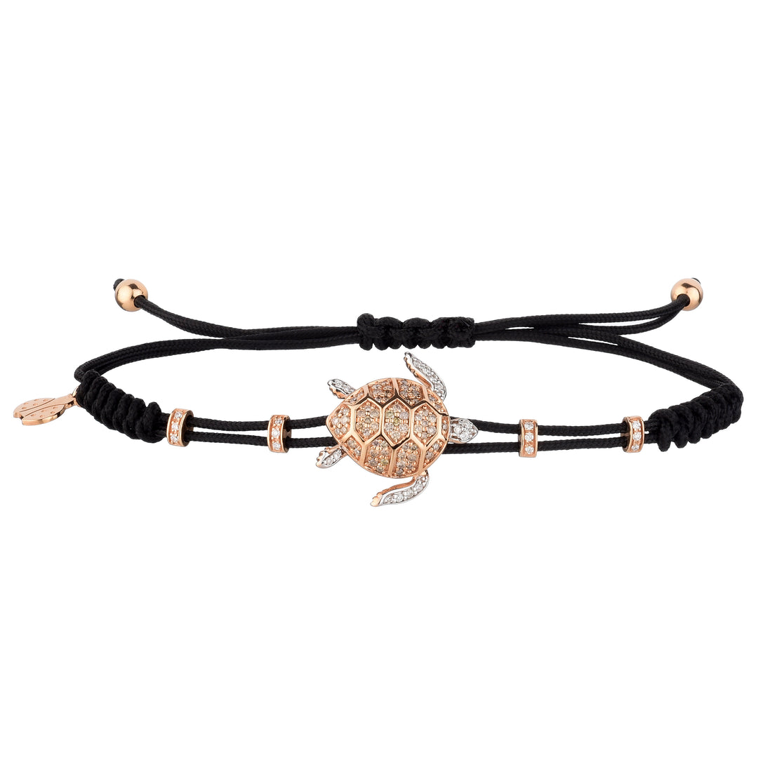 Pippo Perez Cord Bracelet with 18K Gold Sea Turtle in Brown & White Diamonds
