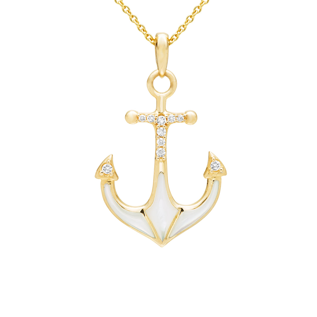 Kabana 14K Yellow Gold White Mother of Pearl & Diamond Anchor Pendant, 18" Chain