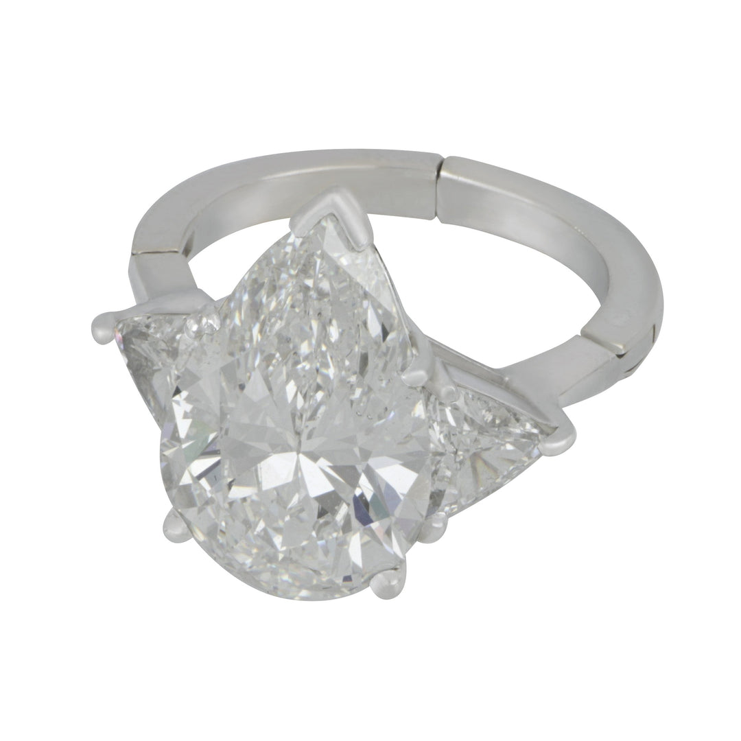 Platinum Pear Shaped Diamond with Trillion diamonds ring (PS D=5.36CT F/SI2 2-TRILL=1.20TW RG SZ 4.5)