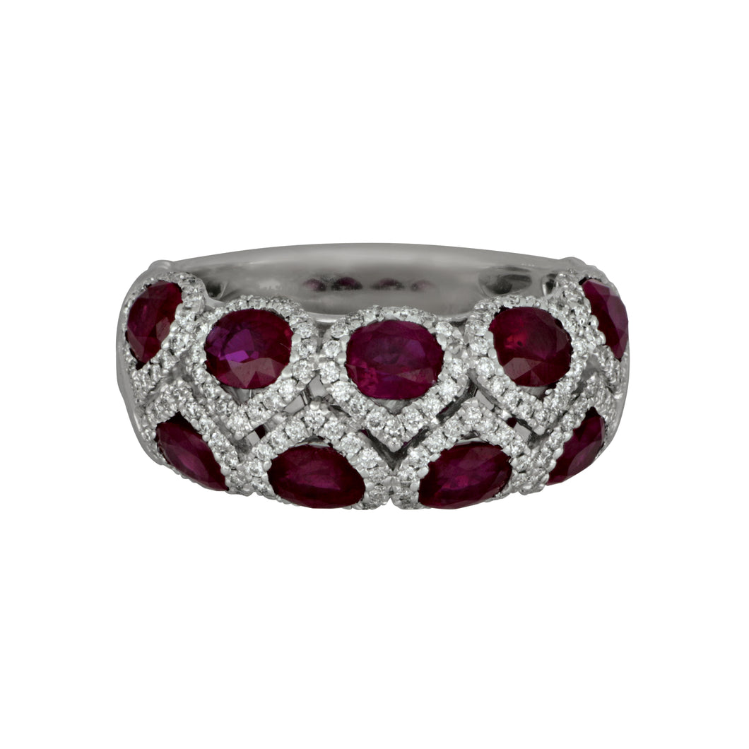 14 Karat White Gold 2 Row Ruby and Diamond Ring Size 6.5, 9Ru=2.63tw, Dias=.43tw GH/SI