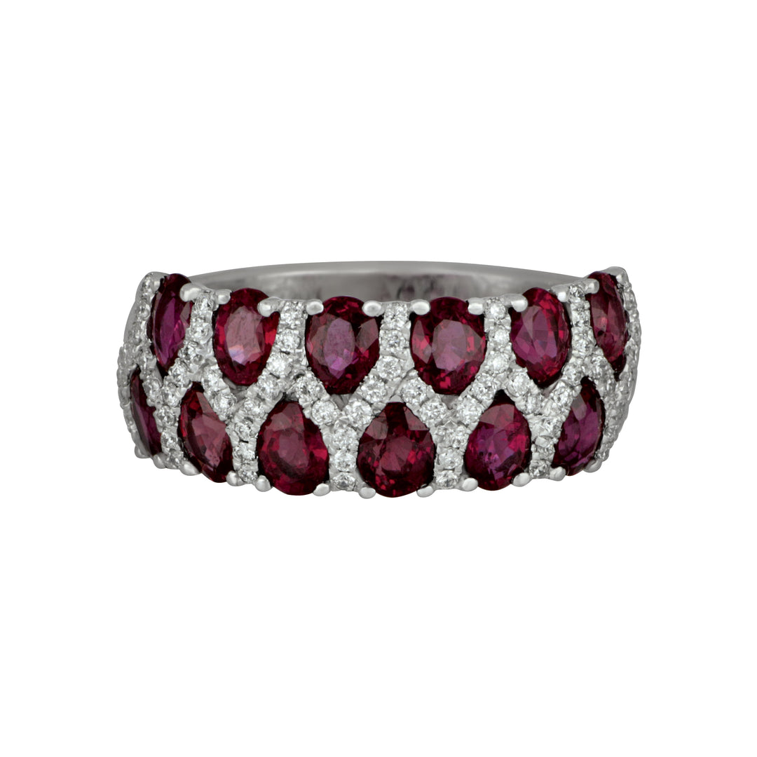 18k White Gold 2-Row Ruby and Diamond Ring Size 6.5, 12Ru=2.98tw, Dias=.29TW GH/SI