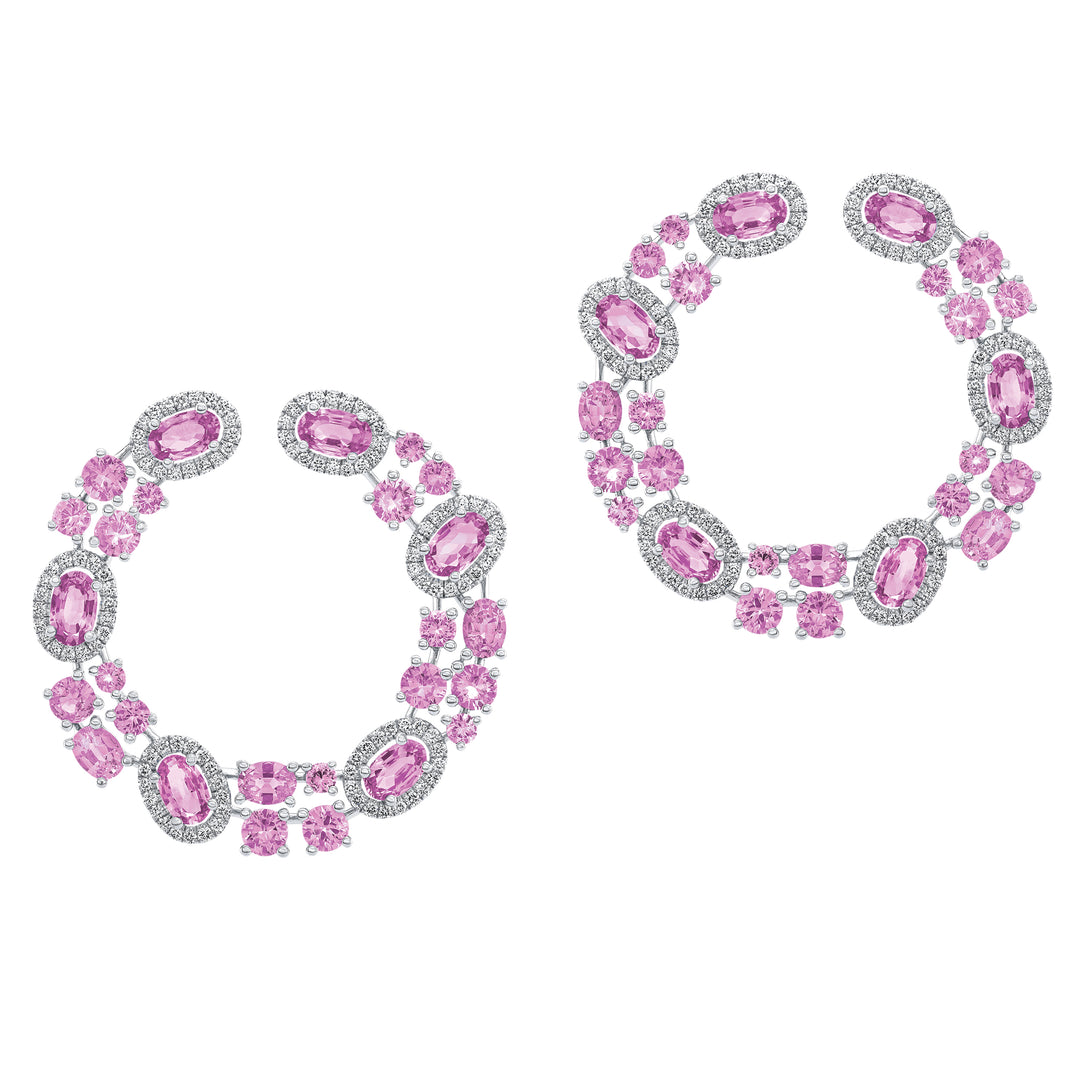 Robert Procop 18K White Gold Oval & Round Pink Sapphire Hoop Earrings with Posts, Sapphire 7.28 Ct, Diamond 0.69 Ct