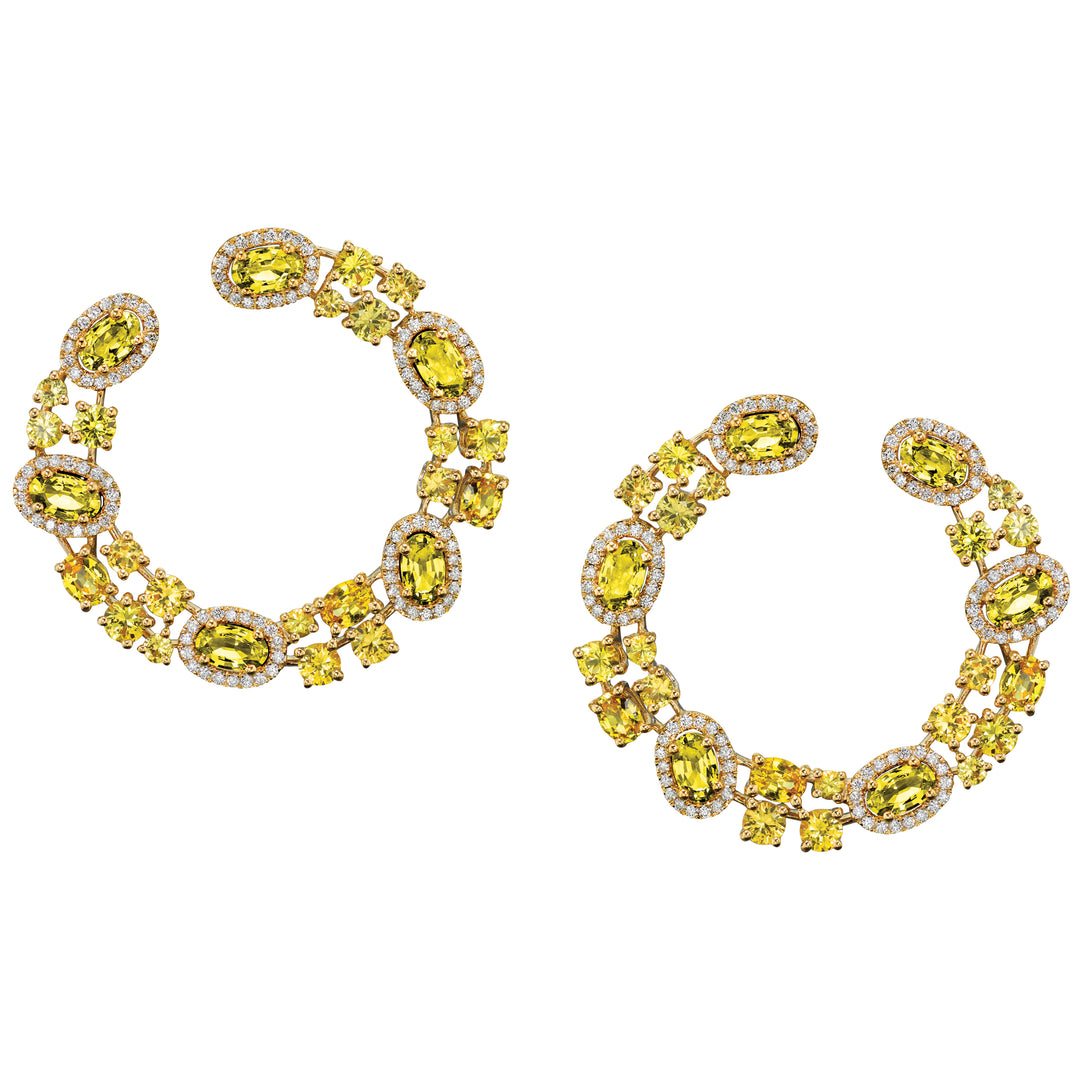 Robert Procop 18K Yellow Gold Amethyst & Yellow Sapphire Glam Hoop Earrings, Sapphire 6.80 Ct, Diamond 0.76 Ct