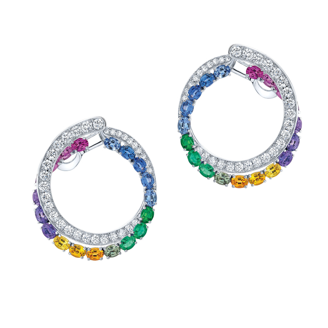 Robert Procop 18K Yellow Gold Amethyst & Diamond Glam Oval Hoop Earrings, Amethyst 0.90 Ct, Sapphire 6.62 Ct, Diamond 2.47 Ct